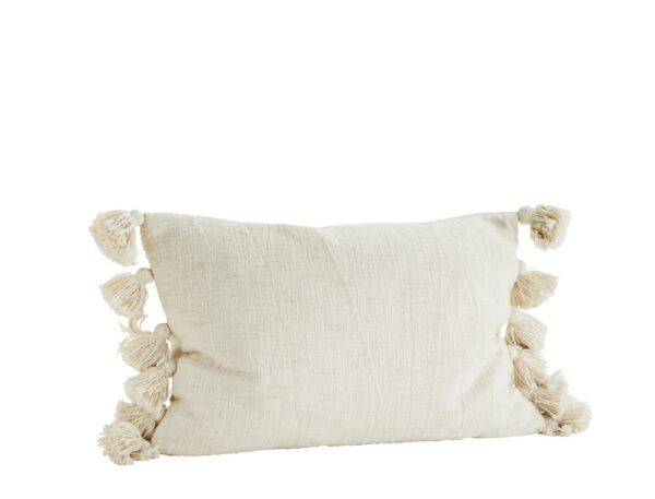 Coussin XL 40cmx60cm en coton épais avec gros pompons blanc Madamstoltz