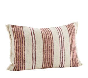 Housse de coussin en coton et lin 60x40cm MadamStoltz à petites franges teintes écru/cannelle/violine